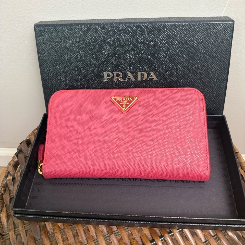 Prada Pink Saffiano Leather Zip Around Wallet